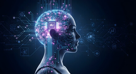 Futuristic AI human head visualization with glowing neural circuits and data streams, artificial intelligence concept