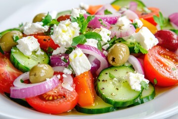 Fresh greek salad with feta, olives, and crisp vegetables in a white bowl