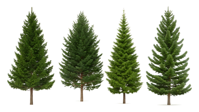 Collection of Green Evergreen Conifer Trees Isolated on White