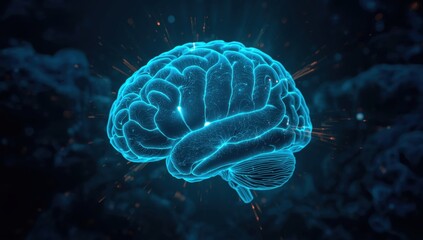 Obraz premium Glowing blue brain illustration against a dark background with particles