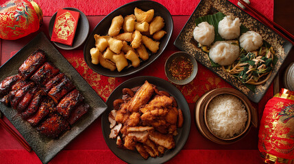 Overhead shot of chinese cuisine featuring dumplings, ribs and fried dough on red table