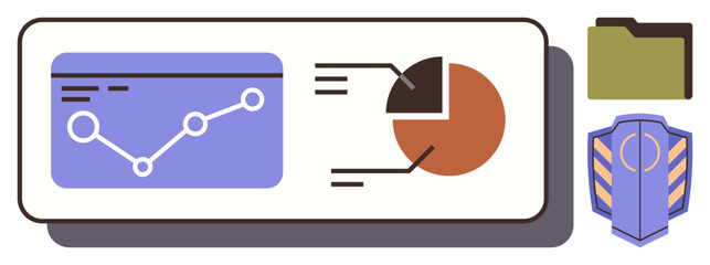 Analytical dashboard with line graph, pie chart, folder, and shield emblem. Ideal for data, security, technology, business analysis organization insights. A simple flat metaphor