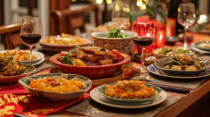 A festive table setting with various dishes and wine glasses for a celebratory meal event