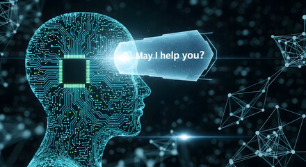 Futuristic digital assistant head with glowing neural circuits and speech bubble “May I help you?”, AI voice interface concept