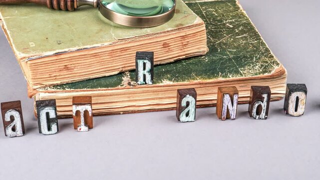 Words Random Fact made from vintage wooden letterpress blocks with old green books and magnifying glass on gray background. Knowledge curiosity and discovery