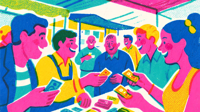 Colorful illustration of lively market scene where people are exchanging money and engaging in transactions. atmosphere is cheerful and vibrant, showcasing sense of community and commerce