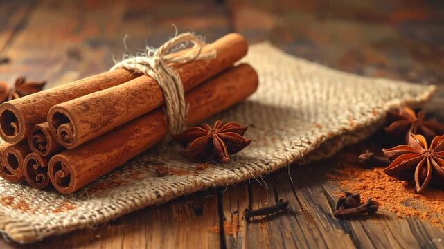Captivating cinnamon sticks and star anise arrangement on rustic wooden table, a culinary delight