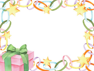 Restangular frame of paper garland, stars and gift box. Watercolor illustration. For fabric, wallpaper, packing paper, greeting cards, design, decoration and illustration.