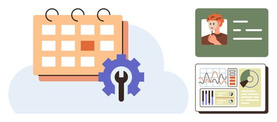 Calendar with gear symbolizes planning and maintenance ID card shows profile identification analytics dashboard displays data analysis. Ideal for scheduling, user management, analytics, time