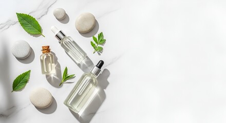 Organic Beauty Serum Bottles, Natural Leaves, and Smooth Stones on Marble