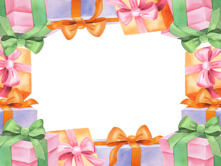Restangular horisontal frame of gift boxes. For fabric, wallpaper, packing paper, greeting cards, design, decoration and illustration.