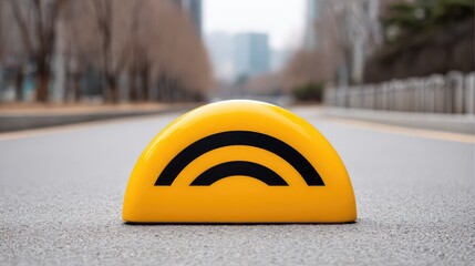 Bright Yellow Warning Sign on Urban Road in Modern City with Blurry Background of Trees and Buildings, Emphasizing Safety and Caution for Drivers and Pedestrians