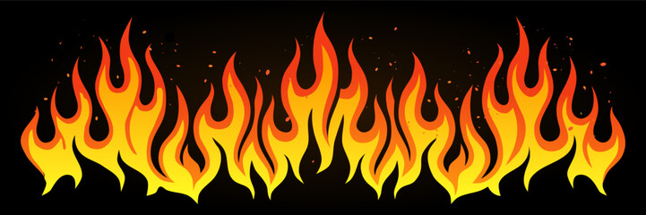 Vivid vector illustration of orange and yellow flames forming a seamless border on a dark background, featuring smooth gradients and glowing edges that convey heat, energy, and dramatic intensity.