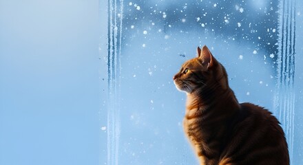 Brown Tabby Cat Gazes Out a Frosted Window on a Snowy Winter Day