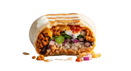 Large delicious Mexican style burrito cross section showing meat, rice, beans, and fresh salsa isolated PNG with Transparent Background