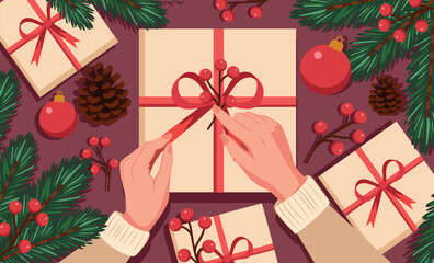 A cozy Christmas vector illustration featuring hands wrapping gift boxes, decorating them with fir branches, berries. Perfect for Christmas and New Year's, winter cards, festive social media designs