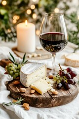 Cozy candlelit cheese and wine pairing with grapes and almonds on a rustic wooden setting