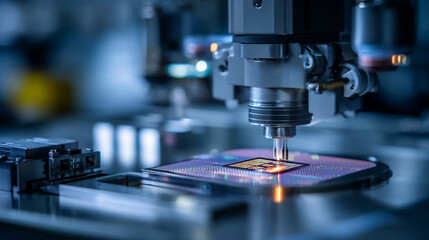 Close up of a microchip being tested by a robotic arm in a clean room environment