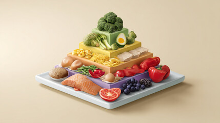 A pyramid of food groups including vegetables, proteins, grains and fruits on a plate