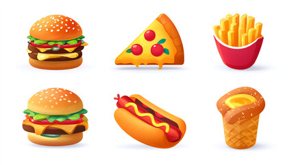 Illustration of two burgers, pizza slice, fries, hot dog, and pastry on white background