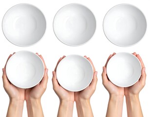 Arrangement of empty, white bowls, some held in hands, on white background