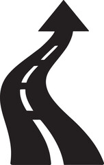 Road curving forward silhouette with arrow representing movement, direction, and travel.