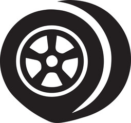 Tire symbol with rotating motion line silhouette showing speed, movement, and wheel design.
