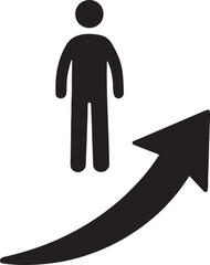 Vector human silhouette standing on upward arrow symbolizing success and achievement.