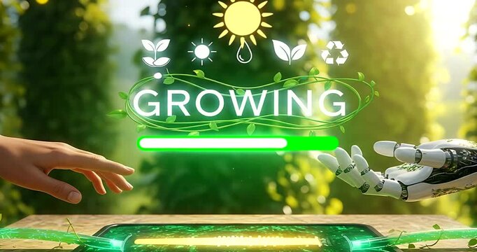 Human and robot hands reaching for growing plant icons representing technology and nature concept for sustainable development and environmental protection
