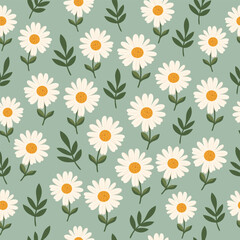 Daisy Pattern. A seamless floral vector pattern with white daisies and a yellow center. Perfect for springsummer prints, packaging, cute stationery, children's designs, textiles, floristry, wallpaper
