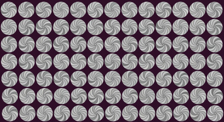 Pixelated gray spirals in circles on a dark plum colored background