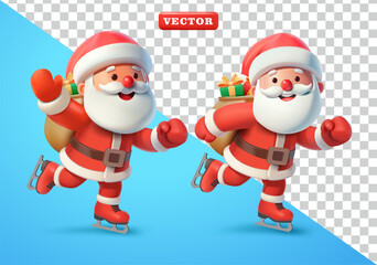 Santa Claus skating on ice while delivering gifts, 3D vector. Suitable for events, business and sports