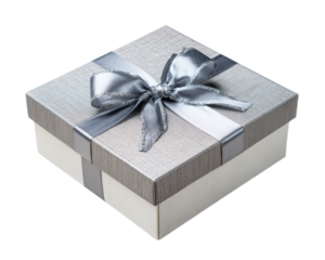 Elegant gray gift box with silver ribbon, perfect for special occasions and celebrations, ideal for holiday and birthday gifting