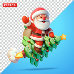 Santa Claus is riding a rocket from the Christmas tree to deliver gifts, 3D vector. Suitable for events and businesses