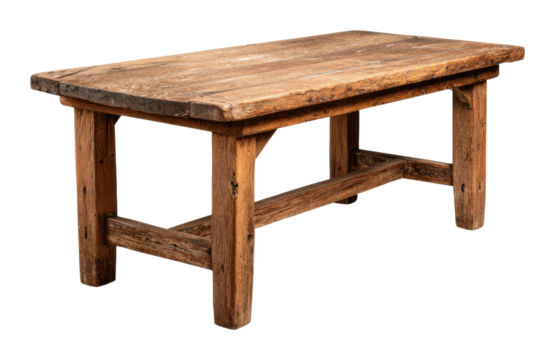 Rustic wooden dining table artisan workshop furniture top-down view isolated on transparent background