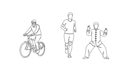 Obraz premium Diverse people exercising: cycling, running, and practicing tai chi 
