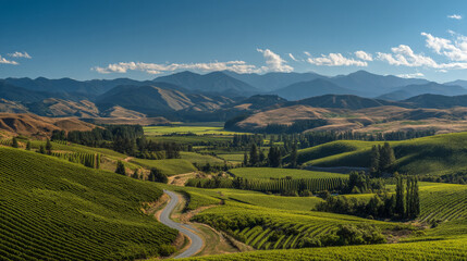 Aerial view of green vineyard hills with winding road and mountains under a blue sky