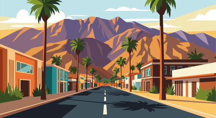 Desert town street view illustration with palm trees and distant mountains under a clear blue sky © PDWN Creative