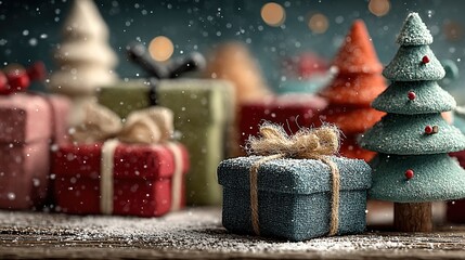 Christmas themed blue textured background with trees, gifts and snowflakes, star illumination creating festive atmosphere for card design and social media