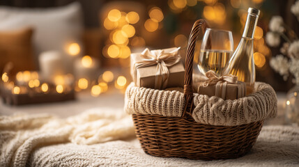 A wicker basket filled with gifts, a wine bottle, and a glass of wine on a cozy blanket