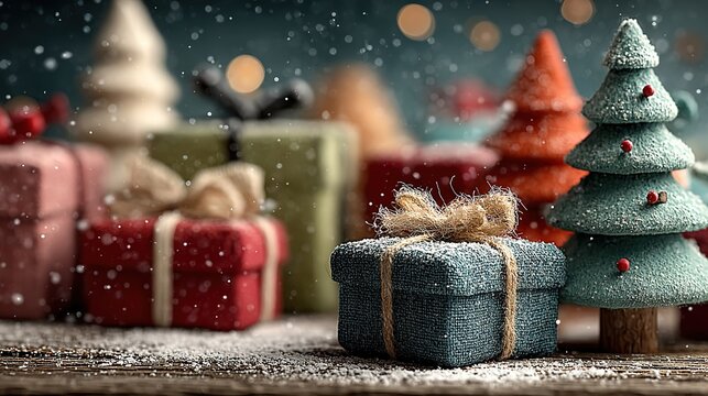 Christmas themed blue textured background with trees, gifts and snowflakes, star illumination creating festive atmosphere for card design and social media