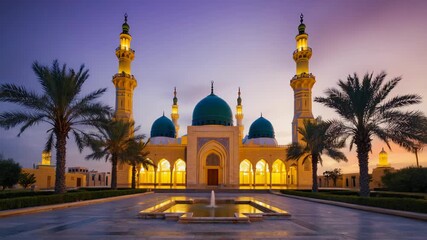 majestic mosque with blue domes and tall minarets, palm trees around, fountain in front, sunset sky in purple and pink tones, islamic architecture - Powered by Adobe