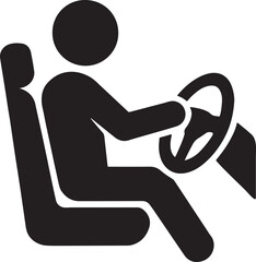 Driver inside car seat silhouette with steering wheel in vector style for automotive icon.