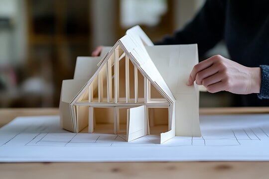Architect Working on Paper House Model on Blueprint in Architecture Studio Setting