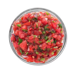 Delicious salsa sauce in bowl isolated on white, top view