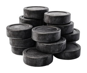 Ice hockey pucks stacked for game preparation arena isolated on transparent background