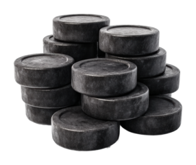 Ice hockey pucks stacked for game preparation arena isolated on transparent background
