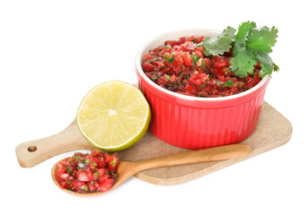 Delicious salsa sauce and ingredients isolated on white