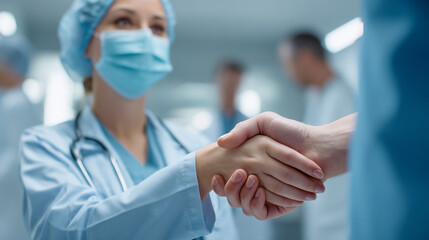 A medical professional shaking hands with another person in a hospital hallway setting