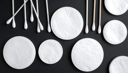 Arrangement of round cotton pads and swabs on a contrasting black background